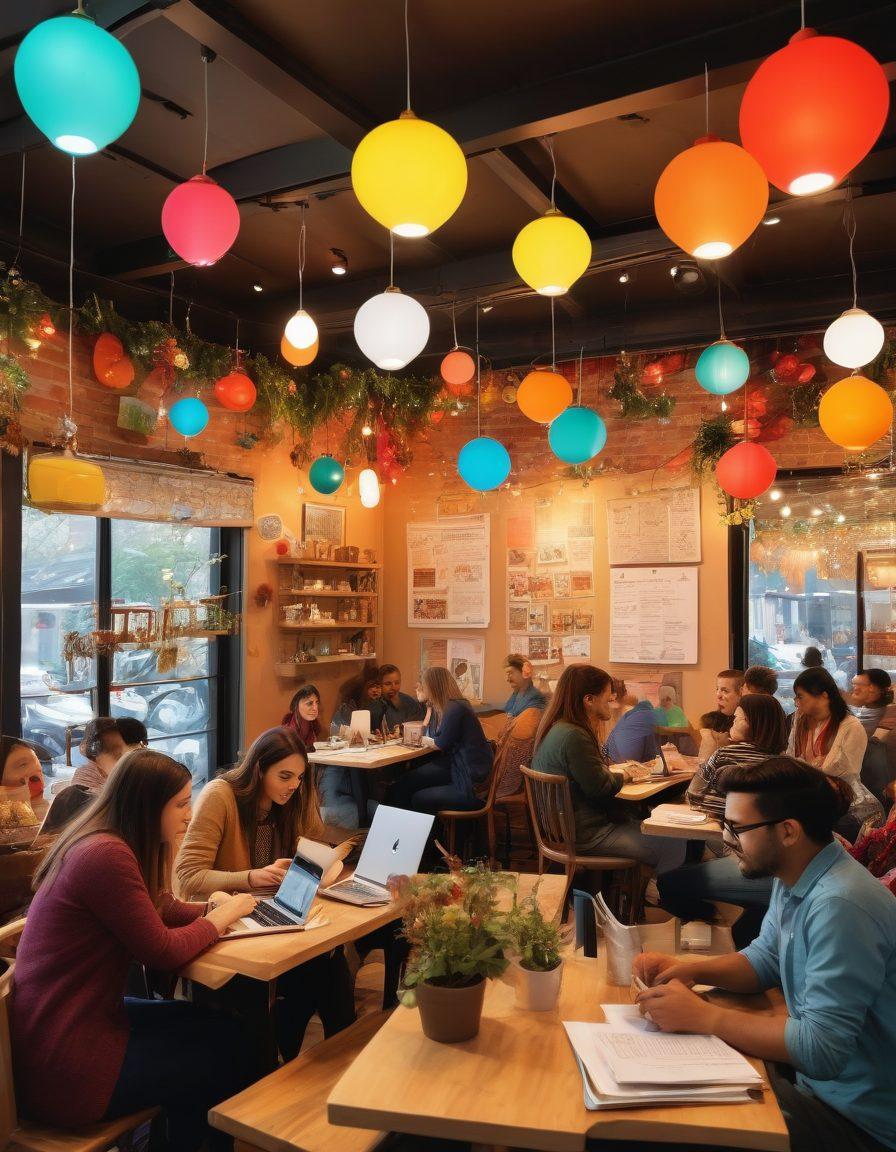 A lively and dynamic discussion scene featuring diverse bloggers from the Naaca community, gathered in a cozy coffee shop filled with vibrant decorations. Each blogger is engaged in conversation, showcasing laptops and notebooks, with creative ideas visually floating around them as colorful speech bubbles. The atmosphere is warm and inviting, reflecting a blend of modern lifestyle and community spirit. super-realistic. vibrant colors. cozy ambiance.